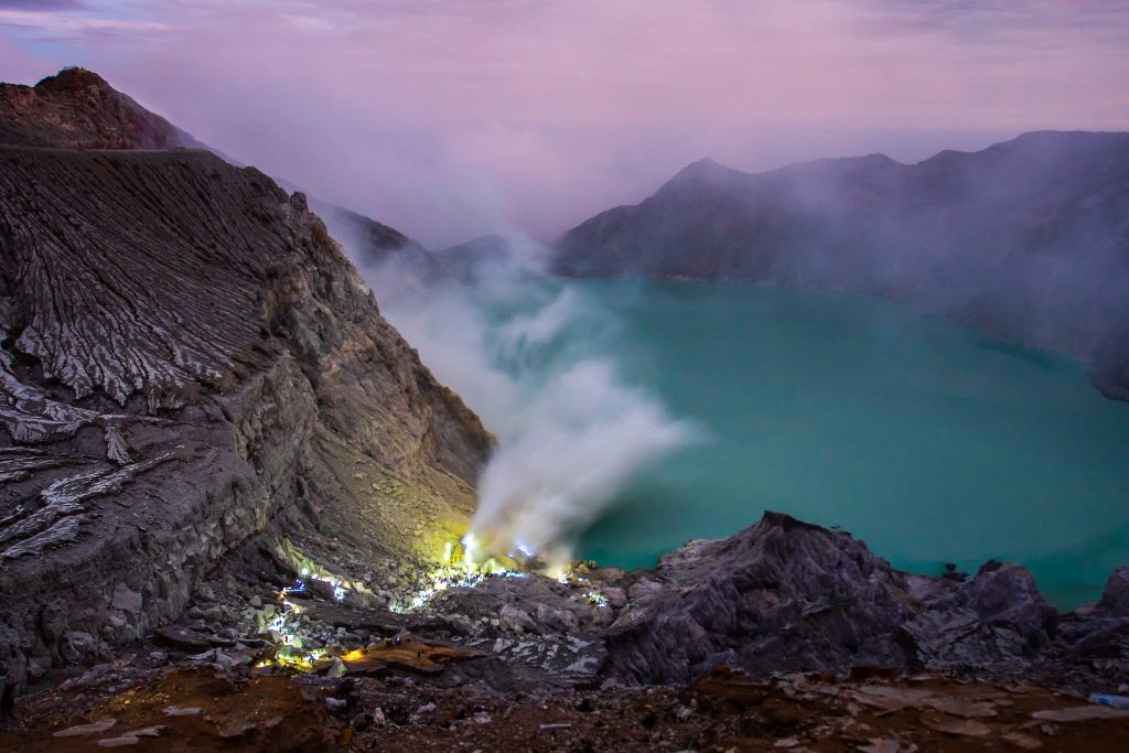 View from Ijen Crater, Sulfur fume at Kawah Ijen, Vocalno in Ind